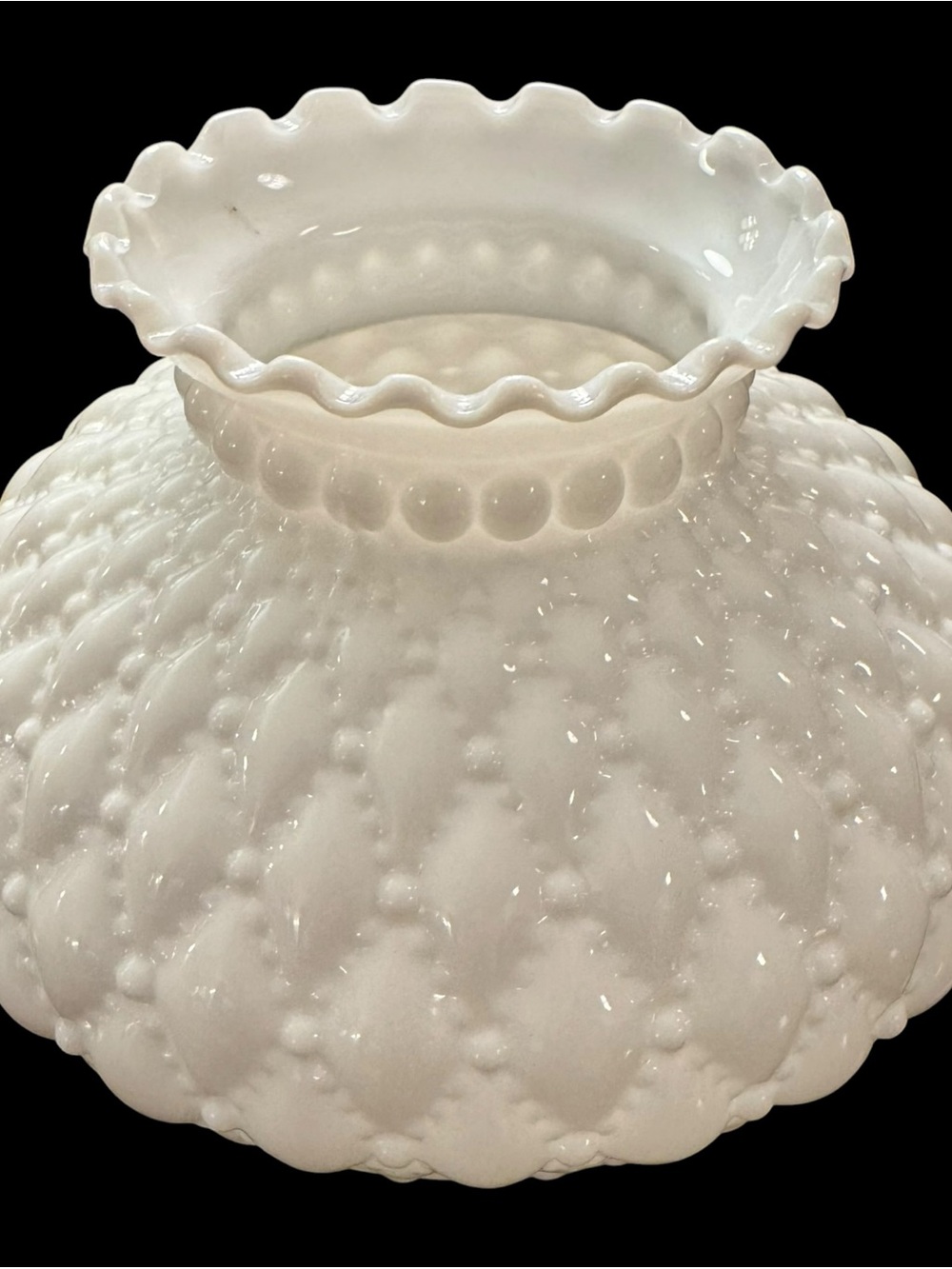 Vintage White Milk Glass Diamond Quilted Ruffle Hurricane Lamp Shade - Picture 7 of 7